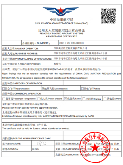 掌心策略 全国首张！美团无人机获民航局低空物流运营合格证